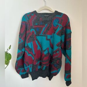 Vintage Style Colorblock Abstract Knit Sweater - Teal & Burgundy